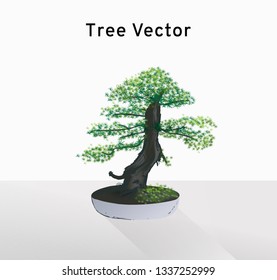 Bonsai Pinus Pine tree vector, tiny little tree with green leaves in the cement pot, ornamental decoration item, illustration nature art