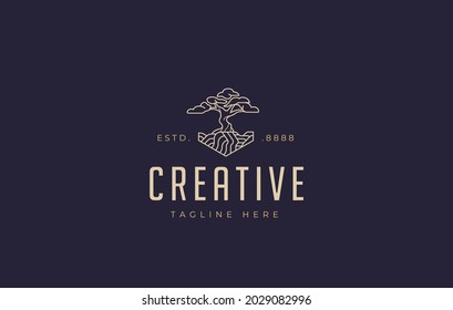 Bonsai Plant Logo Design Inspiration. Vector illustration of unique bonsai and layered soil. Modern Icon Design Vector Template with Line Style