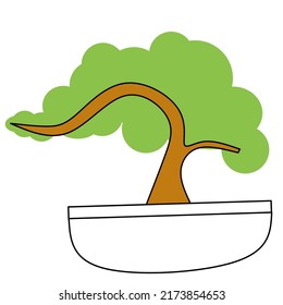 Bonsai-Pflanzenvektor in einem Topf mit braunen Stielen und grünen Blättern, Bonsai mit einfacher und einzigartiger Form, geeignet für Symbole oder Doodles