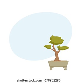 Bonsai in pot. Interior home and office houseplant cartoon vector illistration. Japanese flower growth and gardening.