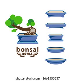 Bonsai pots set. Flat vector bonsai tree with rectangular and round bowls.