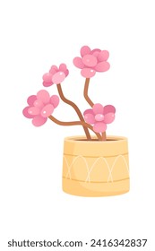 Bonsai. Potted flower plant vector illustration. Sakura. Houseplant. Indoor interior house and office flowerpot. Green flower for home decoration. Japanese landscaping.