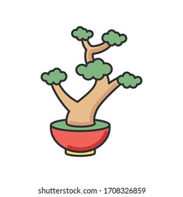 Bonsai RGB color icon. Tiny cultivated potted tree. Decorative gardening. Flowerpot with dwarf plant with foliage on branches. Souvenir form Japan. Asian culture. Isolated vector illustration