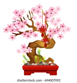 Bonsai Sakura tree in a flowerpot isolated on white background. Template card on nature theme. Miniature tree is the symbol of Asian culture for home and office. Vector cartoon close-up illustration.