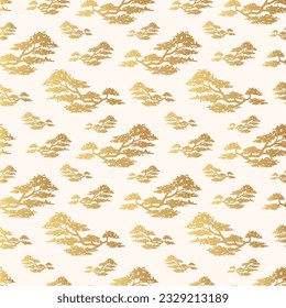 Bonsai seamless pattern.  Golden vector background with oriental motives. Japanese art for  textile, texture and wrapping paper.