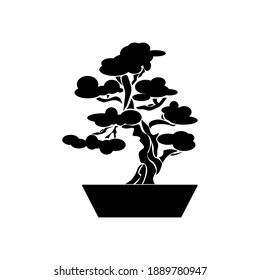 Bonsai silhouette, decorative tree in flower pot, japanese bonsai culture, plant cultivation icon vector illustration