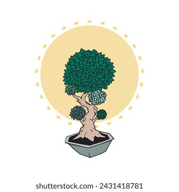 Bonsai simple mini planta dibujado a mano ilustración de contorno de color. Japón arte tradicional de cultivar un mini árboles y plantas en un bolígrafo dibujando la decoración del logotipo de dibujos animados. Jardinería de bonsáis creativa.