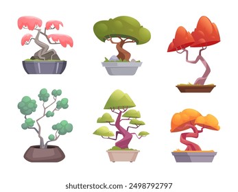 Bonsai. Traditional garden miniature tree asian plants for interior decoration exact vector bonsai tree