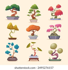 Bonsai tree. Asian decorative garden tree exact vector authentic plants for interior cartoon botanical illustrations set