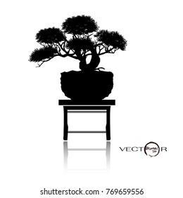 Bonsai tree, Black silhouette of bonsai,Detailed image, Vector illustration.