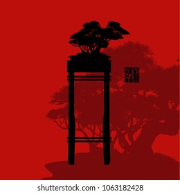 Bonsai tree, Black silhouette of bonsai, Detailed image, Vector illustration,  