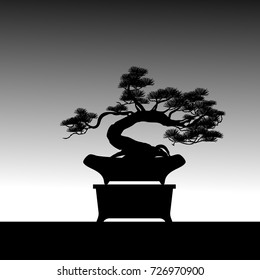  Bonsai tree. Black silhouette of bonsai. Detailed image. Vector illustration