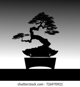  Bonsai tree. Black silhouette of bonsai. Detailed image. Vector illustration