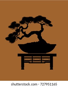 Bonsai tree. Black silhouette of bonsai. Detailed image. Vector illustration