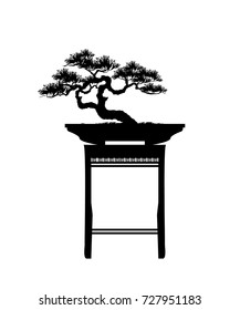 Bonsai tree. Black silhouette of bonsai. Detailed image. Vector illustration