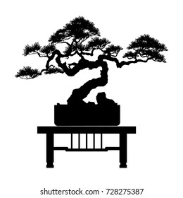 Bonsai tree. Black silhouette of bonsai. Detailed image. Vector illustration