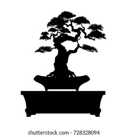 Bonsai tree. Black silhouette of bonsai. Detailed image. Vector illustration