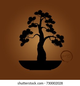Bonsai tree. Black silhouette of bonsai. Detailed image. Vector illustration  