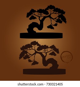 Bonsai tree. Black silhouette of bonsai. Detailed image. Vector illustration  