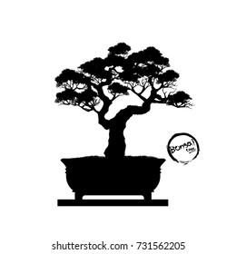 Bonsai tree. Black silhouette of bonsai. Detailed image. Vector illustration.