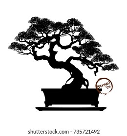 Bonsai tree. Black silhouette of bonsai. Detailed image. Vector illustration  