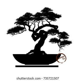 Bonsai tree. Black silhouette of bonsai. Detailed image. Vector illustration  