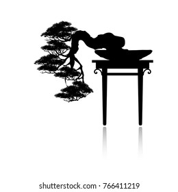 Bonsai tree. Black silhouette of bonsai. Detailed image. Vector illustration