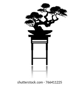 Bonsai tree. Black silhouette of bonsai. Detailed image. Vector illustration