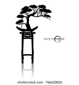 Bonsai tree. Black silhouette of bonsai. Detailed image. Vector illustration  