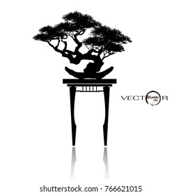 Bonsai tree. Black silhouette of bonsai. Detailed image. Vector illustration  