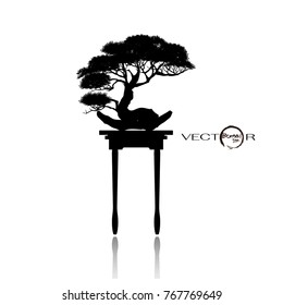 Bonsai tree. Black silhouette of bonsai. Detailed image. Vector illustration  
