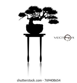 Bonsai tree. Black silhouette of bonsai, japanese hawthorn bonsai in bloom, Vector illustration  