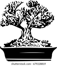 "Bonsai Tree" Black silhouette of bonsai on a white background. Detailed image. Vector illustration