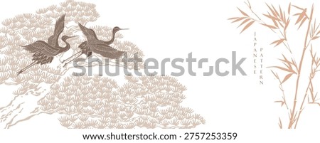 Bonsai tree branch, crane birds and bamboo leaves branch with Chinese painting in natural background.