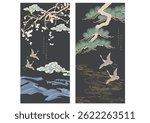 Bonsai tree with cran birds elements. Geometric pattern in vintage style. Japanese background with Asian traditional icon vector.