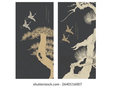 Bonsai tree and cran birds elements. Geometric pattern in vintage style. Japanese background with Asian traditional icon vector.