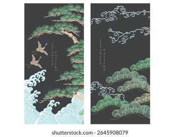 Bonsai tree with cran birds and hand drawn wave elements. Geometric pattern in vintage style. Japanese background with Asian traditional icon vector.