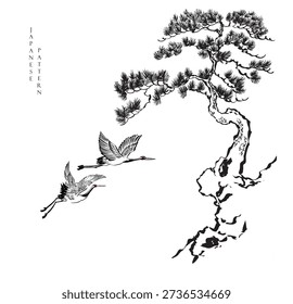 Bonsai tree and crane birds vector with traditional Japanese art.