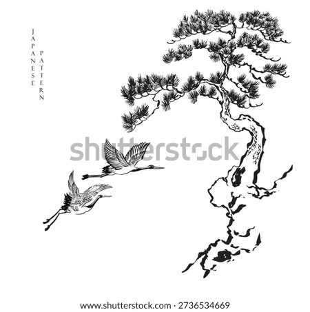 Bonsai tree and crane birds vector with traditional Japanese art.