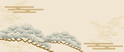 Bonsai Tree Decorations With Hand Drawn Line Wave And Japanese Cloud In Vintage Style. Abstract Art Landscape With Asian Traditional Background Elements