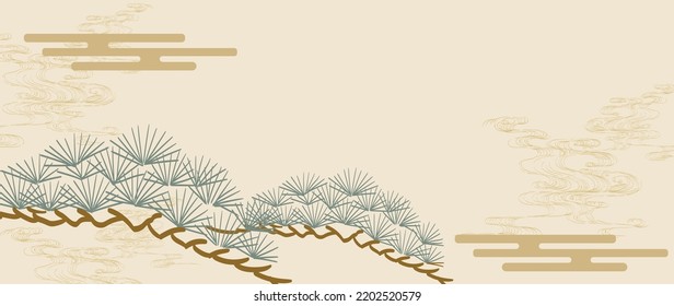 Bonsai tree decorations and hand drawn line wave   Japanese cloud in vintage style  Abstract art landscape and Asian traditional background elements