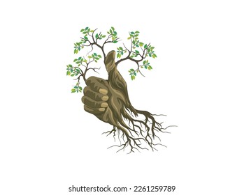 árbol bonsai con el diseño de vector de señal de aprobación ecológica. árbol antiguo con hoja verde y raíces.