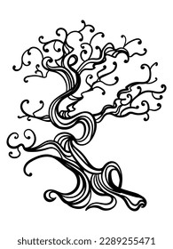 bonsai tree, fantasy outline plant with swirls and twisted branches vector illustration