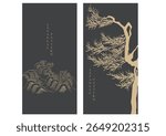 Bonsai tree with hand drawn wave elements. Geometric pattern in vintage style. Japanese background with Asian traditional icon vector.