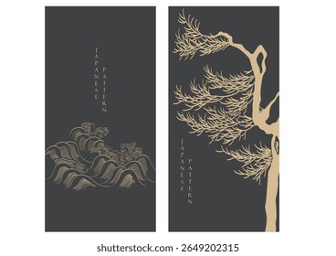 Bonsai tree with hand drawn wave elements. Geometric pattern in vintage style. Japanese background with Asian traditional icon vector.