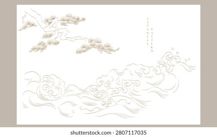 Bonsai tree and hand drawn wave elements. Japanese background Asian traditional icon vector.	