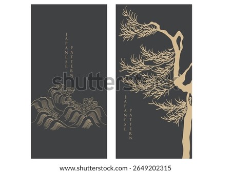 Bonsai tree with hand drawn wave elements. Geometric pattern in vintage style. Japanese background with Asian traditional icon vector.