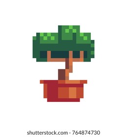 Bonsai tree icon. Knitted design.  Isolated vector illustration. 8-bit sprite.