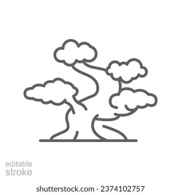 Bonsai tree icon. Simple outline style. Stylized, plant, nature, garden concept. Thin line symbol. Vector illustration isolated. Editable stroke.