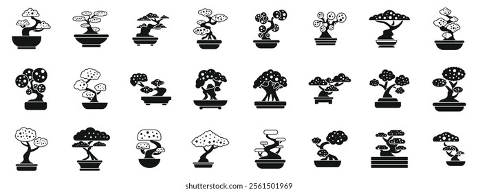 Bonsai tree icons set. Bonsai tree growing in a pot icon set. Simple set of bonsai tree growing icons